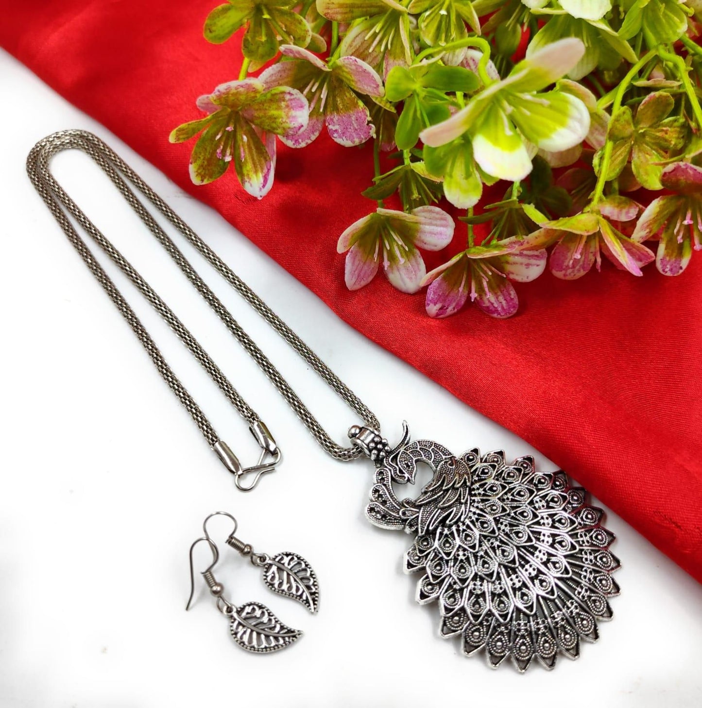Oxidized Peacock Style Pendant & Chain with Earrings